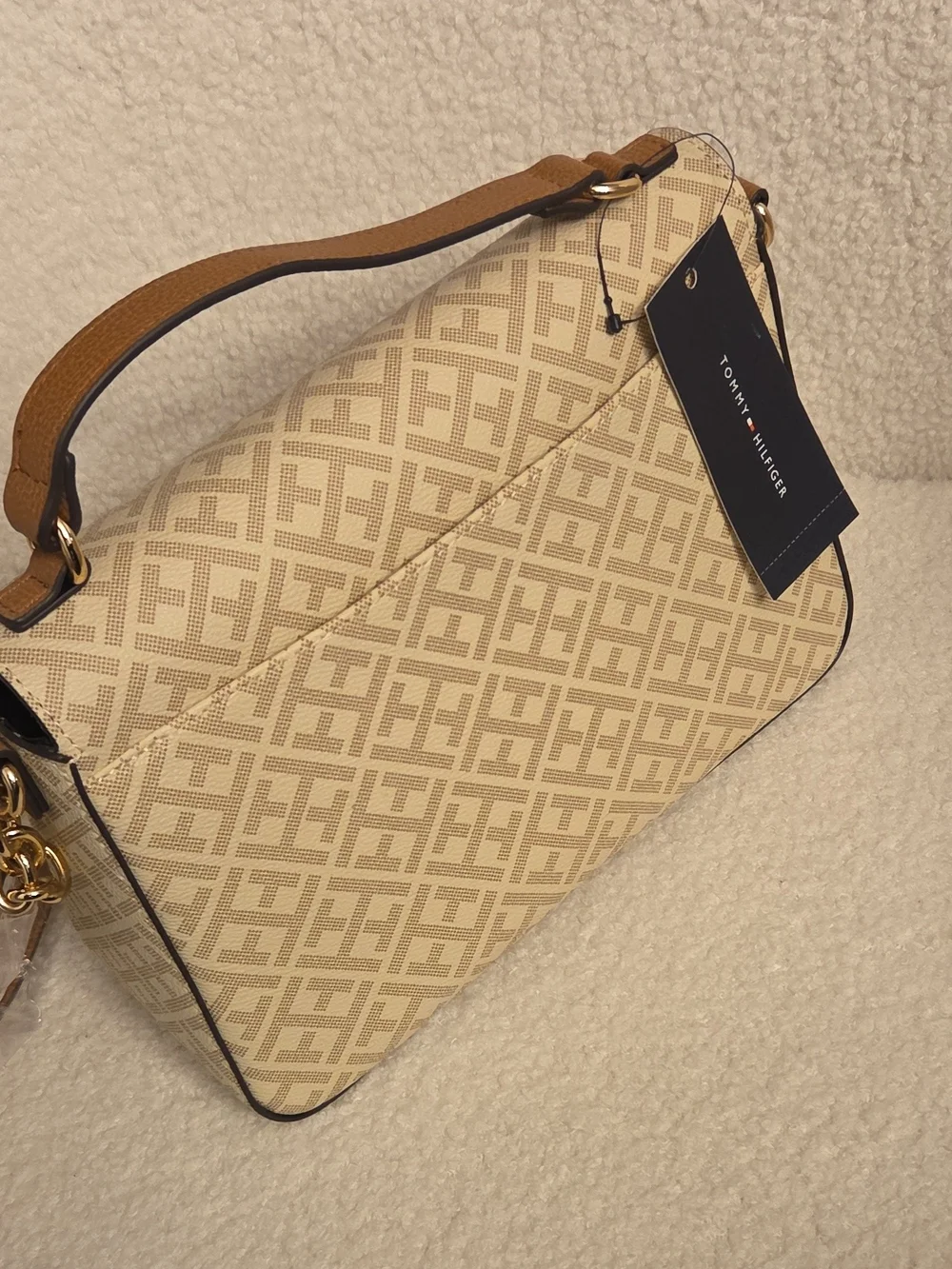 Tommy Hilfiger Cream Logo Satchel with Gold-Tone Medallion
